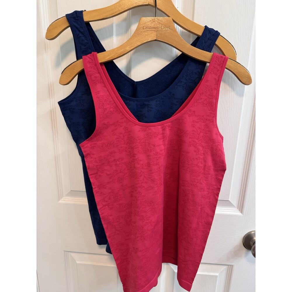 Breezies L Set Of 2 Camisoles Cherry Red Blue Floral Scroll V-neck Scoop Neck